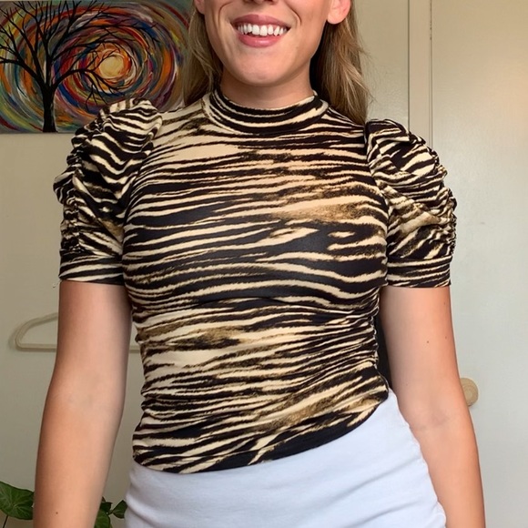 NWT Fashion Nova Brown Zebra Print SheerMY Sleeve Top - Picture 3 of 4